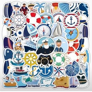 Set of 102 Nautical Themed Sticker Set Blue Ship Captain Anchor Fish Shell